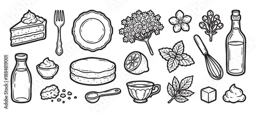 Hand-drawn black and white illustration set of elderflower dessert ingredients, including cake, lemon, mint, cream, and various baking utensils in a charming doodle style