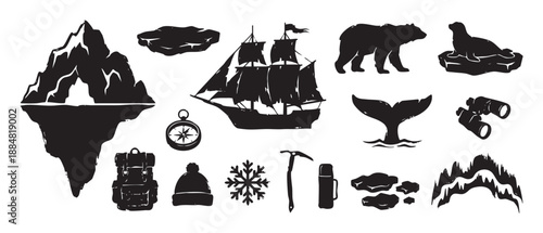 Collection of black silhouette arctic exploration icons featuring a ship, polar bear, iceberg, and adventure gear in a graphic, hand-drawn style for travel and nature concepts