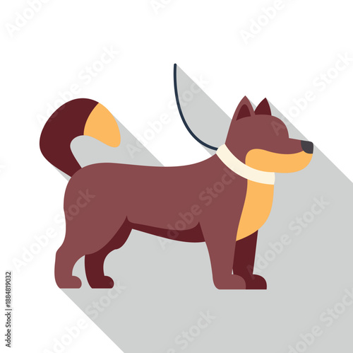 Brown pet dog walking with collar and leash flat design illustration