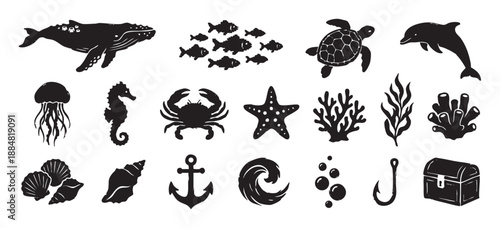 Set of black sea life icons and nautical elements including a whale, dolphin, turtle, crab, and anchor, presented in a graphic, hand-drawn, woodcut illustration style