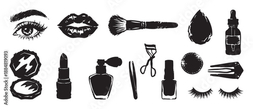 Collection of black hand-drawn makeup icons with a grunge stamp effect, featuring lipstick, perfume, eyelashes, nail polish, and various cosmetic tools for a beauty routine