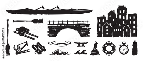Collection of black grunge style rowing icons featuring a scull boat, oar, bridge, and cityscape in a distressed, stamp-like graphic illustration set for water sports themes