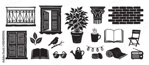 Collection of black hand-drawn silhouette icons representing a cozy balcony scene with vintage elements like a window, potted plant, book, coffee mug, bird, and radio