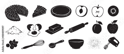 Collection of black baking icons in a rustic woodcut style showing pie, fruit, flour, egg, and kitchen utensils for cooking and dessert preparation