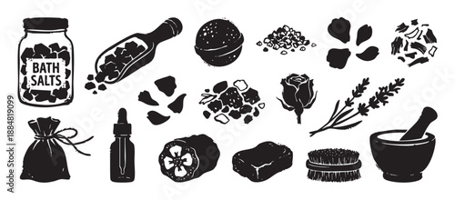 Collection of black spa and bath accessories in a rustic hand-drawn linocut style, featuring salt, a bomb, essential oil, soap, lavender, rose, and a mortar for wellness concepts