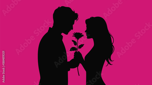 Man giving rose to woman in romantic gesture illustration on pink background .silhouette vector design