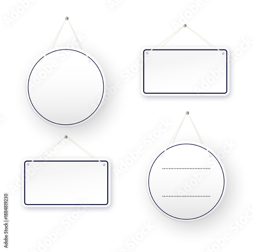 White round shop door signs hanging isolated on transparent background. Empty or blank sign for store, restaurant or cafe. Vector