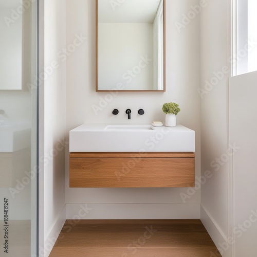 Minimalist Bathroom Vanity Floating white Corian countertop, warm wood drawer, wall-mounted black faucet, modern design. Bathroom, Vanity, Modern, Wood