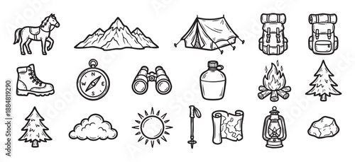 Collection of hand-drawn camping and hiking icons in a black and white doodle style, featuring a tent, backpack, campfire, compass, and mountain for adventure travel themes