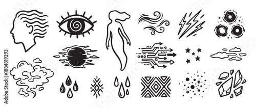 Collection of hand-drawn black doodle icons representing mystical, natural, and technological elements like an eye, ghost, wind, and lightning in a minimalist sketch style