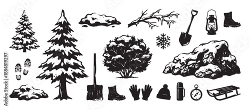 Hand drawn collection of winter survival and adventure icons in a rustic stamp style, featuring snow covered trees, a sled, shovel, and outdoor gear for hiking and camping
