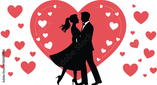 Romantic couple in love silhouetted against a large heart with smaller hearts surrounding them on a white background .silhouette vector design