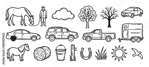 Hand-drawn set of farm and country icons including a horse, farmer, various cars, a trailer, hay bale, and nature symbols in a simple black and white line art style