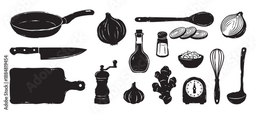 Collection of black kitchen utensils and food ingredients illustrated in a rustic, hand-drawn block print style, featuring a pan, knife, onion, garlic, and spices