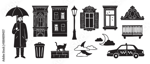Collection of black silhouette vector icons depicting urban city life with a person, buildings, a taxi, a cat, a lamppost, and architectural details in a graphic style