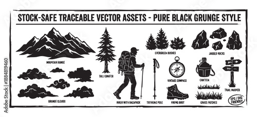 Collection of black grunge hiking icons featuring a mountain range, hiker, compass, boot, and other outdoor adventure elements in a distressed, hand-drawn vector illustration style