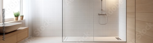 Minimalist bathroom with modern shower and vanity. Clean lines, white tiles, natural wood accents. Serene, spa-like ambiance. Bathroom Design, Modern Interior