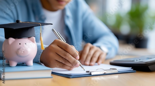Man writing notes on clipboard next to a piggy bank with a graduation cap. Education savings and college future planning concept.