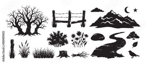 Collection of hand-drawn rustic nature elements in a black silhouette style, including a bare tree, mountain range, barbed wire fence, river, wildflowers, and grass with a grunge texture