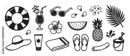 Collection of hand-drawn summer beach items including a pineapple, sunglasses, cocktail, and lifebuoy in a simple black and white doodle style for vacation concepts