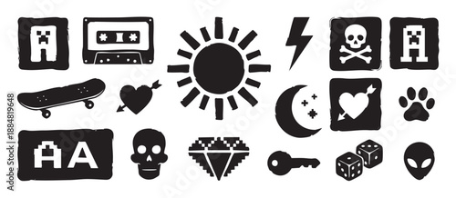 Diverse collection of black grunge icons and symbols featuring a skull, skateboard, cassette, alien, and pixelated gaming elements with a rough, hand-stamped texture