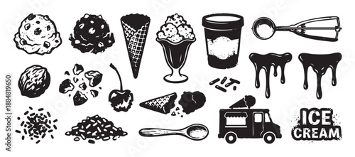 Set of black and white ice cream illustrations with a cone, scoop, sundae, truck, and toppings in a graphic, hand-drawn, grunge-style silhouette design