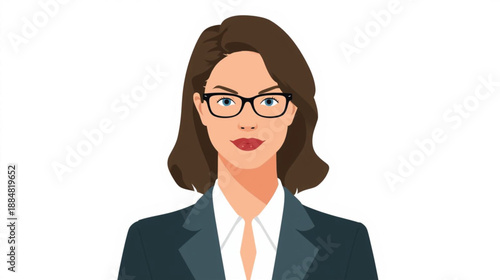A digital portrait of a woman with brown hair wearing glasses and a suit