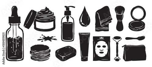 Black and white collection of skincare and beauty product icons with a distressed, hand-drawn texture, including serum, cream, face mask, and roller for daily routine concepts