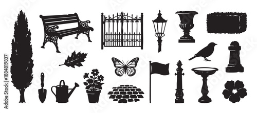 Collection of black garden and park silhouettes including a bench, gate, tree, bird, and flowers, presented as a graphic icon set of decorative elements