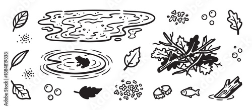 Set of pond life vector illustrations with a frog, fish, leaves, driftwood, and water ripples in a minimalist black and white hand-drawn graphic style