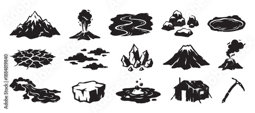Collection of black hand-drawn geology icons featuring a volcano, mountain, lava, river, and pickaxe in a simple graphic linocut style for adventure or exploration themes