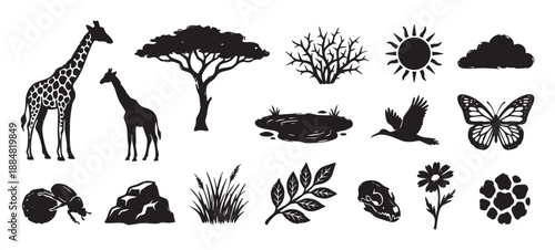 Set of black hand-drawn savanna wildlife and nature silhouettes featuring giraffes, a tree, sun, bird, and other elements in a graphic icon collection for design