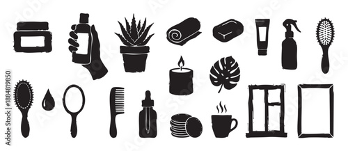 Various black hand-drawn beauty and spa icons in a grunge silhouette style, featuring a cream jar, hairbrush, candle, mirror, and various cosmetic bottles for self-care