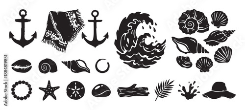 Collection of black hand-drawn beach icons including an anchor, wave, seashell, and starfish in a graphic silhouette style for summer vacation and nautical themes