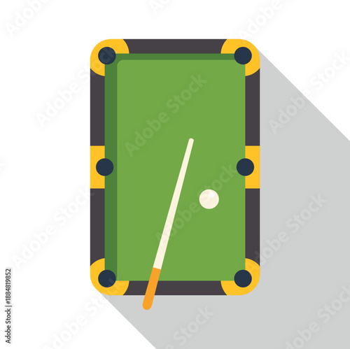 Pool table illustration showing billiards game play with cue and white ball
