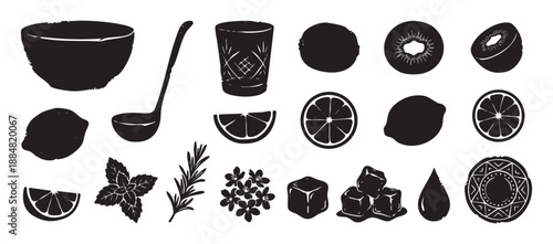 Collection of black hand-drawn linocut style icons for making summer drinks and cocktails, featuring citrus fruit, mint, rosemary, ice cubes, a punch bowl, and a glass