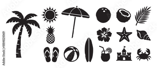 Collection of black summer beach icons featuring a palm tree, sun, pineapple, umbrella, and other tropical vacation elements in a distressed, graphic stamp style illustration