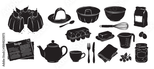Collection of black baking and kitchenware silhouettes including a pear bundt cake, recipe, ingredients, and utensils in a rustic, hand-drawn graphic illustration style