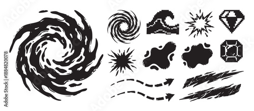 Set of black graphic design elements including swirls, explosions, pixel art gems, and grunge arrows for creating comic book or video game special effects