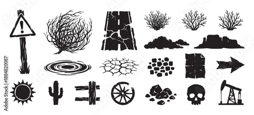 Large collection of black desert-themed icons in a hand-drawn silhouette style, featuring a skull, cactus, tumbleweed, oil pump, and cracked road for western or apocalyptic designs