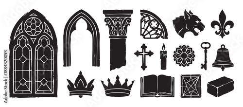 Collection of black gothic medieval icons featuring a church window, crown, cross, key, and gargoyle in a hand-drawn, textured block print illustration style