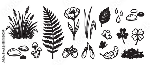 Set of hand-drawn black ink nature icons featuring a fern, flower, grass, mushrooms, acorns, and butterflies in a simple doodle style illustration collection for design elements