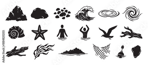 Collection of black sea and ocean icons featuring a wave, starfish, seashell, rocks, and a drowning person in a graphic, hand-drawn silhouette style for various design concepts