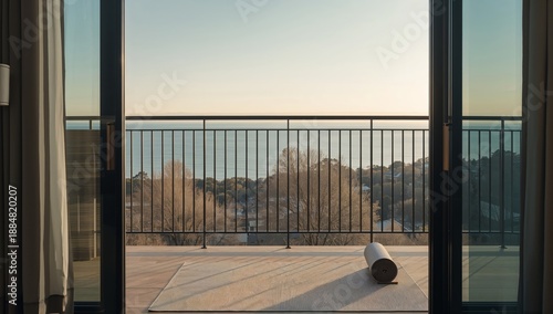 View From a Modern Room Overlooking a City Skyline at Sunset With Yoga Mat on...
