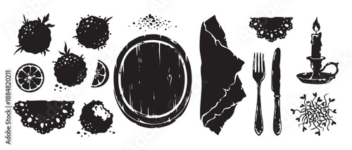 Set of rustic black dining silhouettes featuring fruit, cutlery, a plate, and a candle, all rendered in a vintage, hand-drawn, distressed linocut style