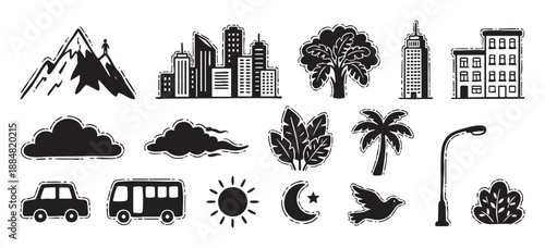 Hand-drawn black silhouette icons of city life and nature elements like skyscrapers, cars, mountains, and trees, rendered in a charming, simple doodle illustration style