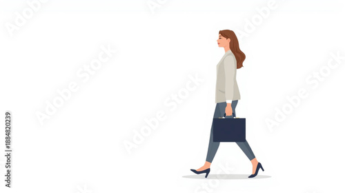 A professional woman briskly walking while carrying a black briefcase on white background