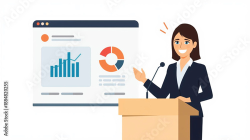 A confident businesswoman presenting data insights during a professional online presentation