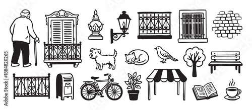 Set of hand-drawn black ink illustrations depicting charming European street life elements, including a balcony, bicycle, cat, coffee, and an elderly man with a cane
