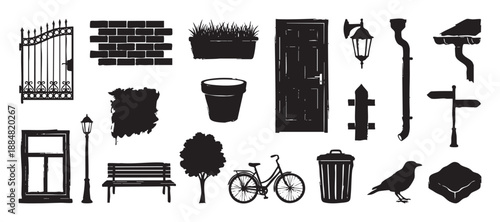 Collection of black grunge street objects including a gate, bench, bicycle, door, and tree, presented as a set of urban element icons with a hand-drawn, stamped texture